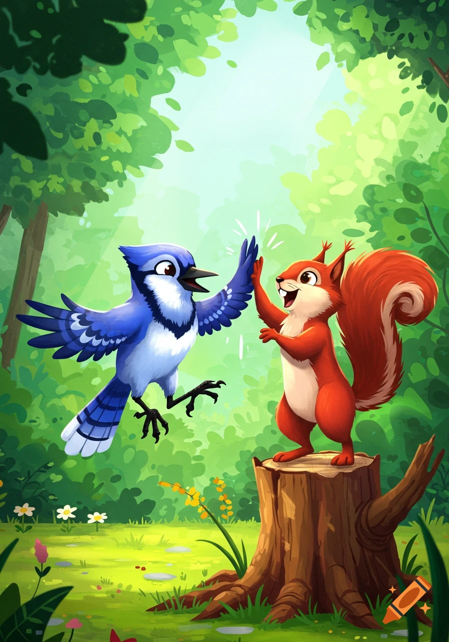 A cartoon bluejay and a red squirrel high-five on a tree stump in a vibrant forest.