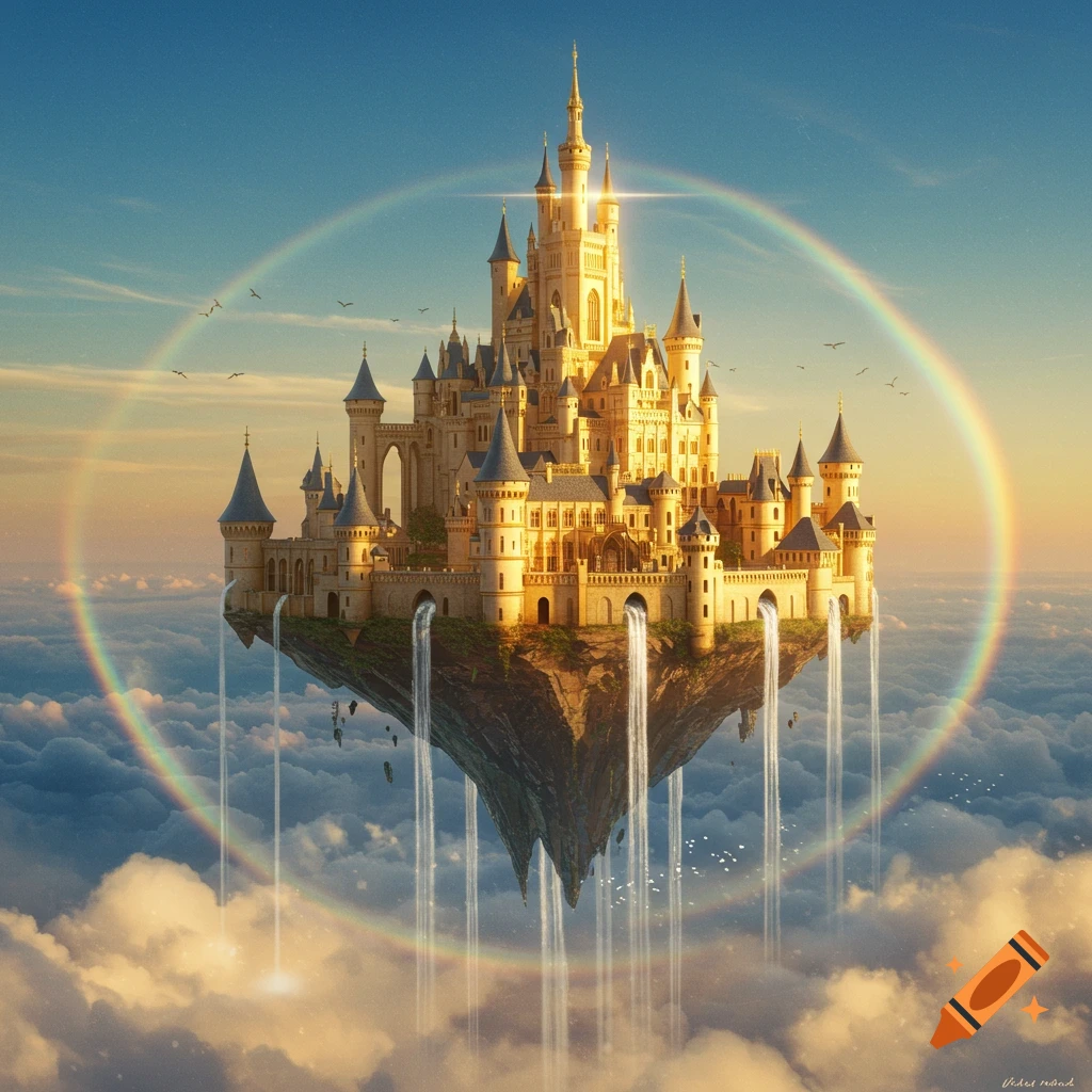 A majestic golden fantasy castle floats above clouds with waterfalls cascading from its base, encompassed by a luminous rainbow.