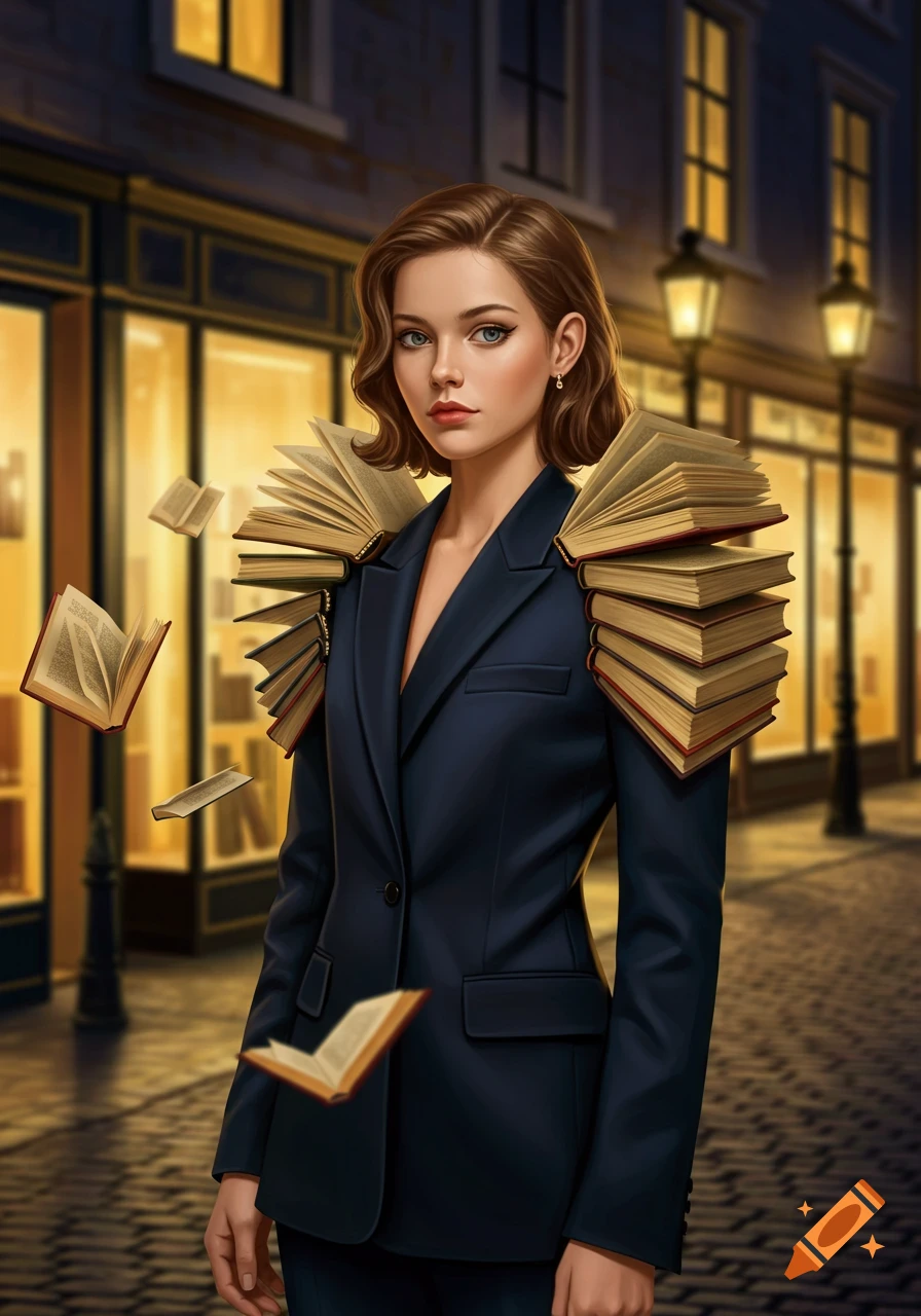 A young woman in a dark suit with book epaulets and floating books, standing on a cobblestone street at night.