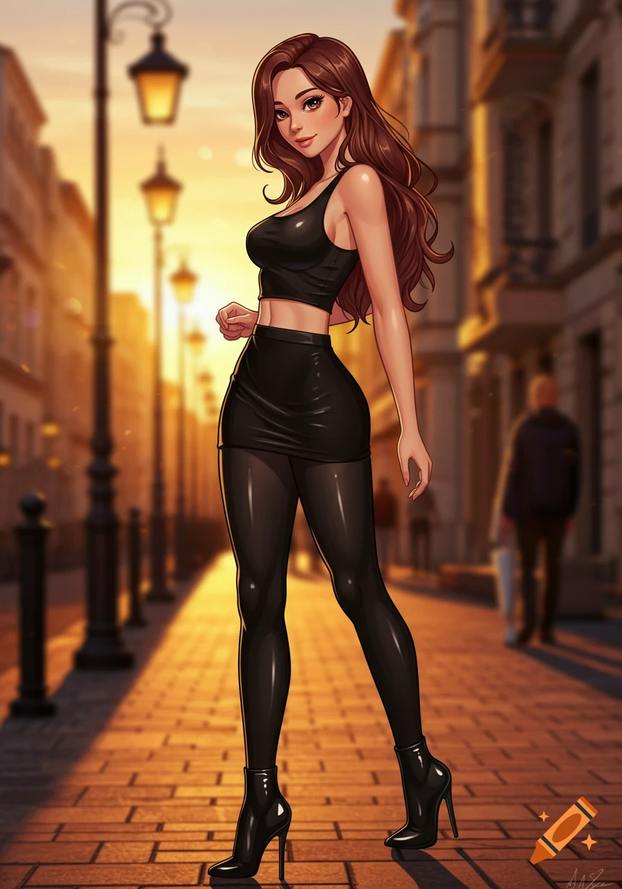 An anime woman with long brown hair, wearing a black crop top, tight skirt, shiny leggings, and high heels, poses on a sunlit street.