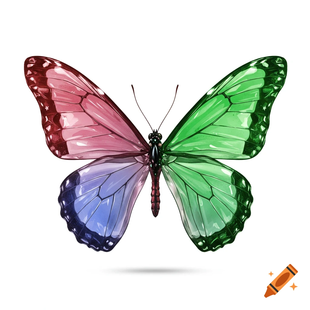 A vibrant butterfly with its left wings in shades of pink and purple and its right wings in shades of green, rendered in a translucent glass style against a white background.