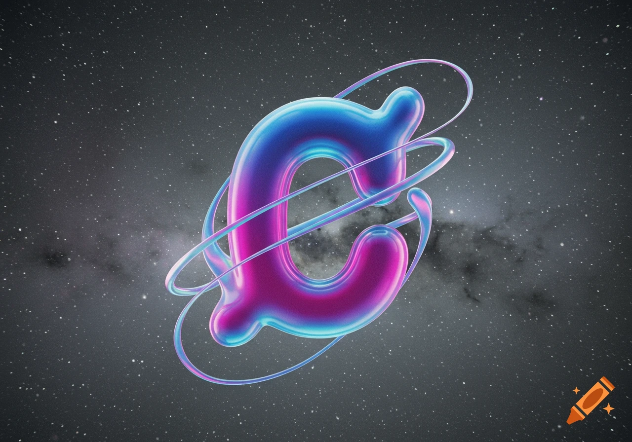 A glowing, iridescent blue and magenta abstract letter-like shape, resembling a stylized 'C', floats in a starry cosmic background, encircled by thin, luminous rings.