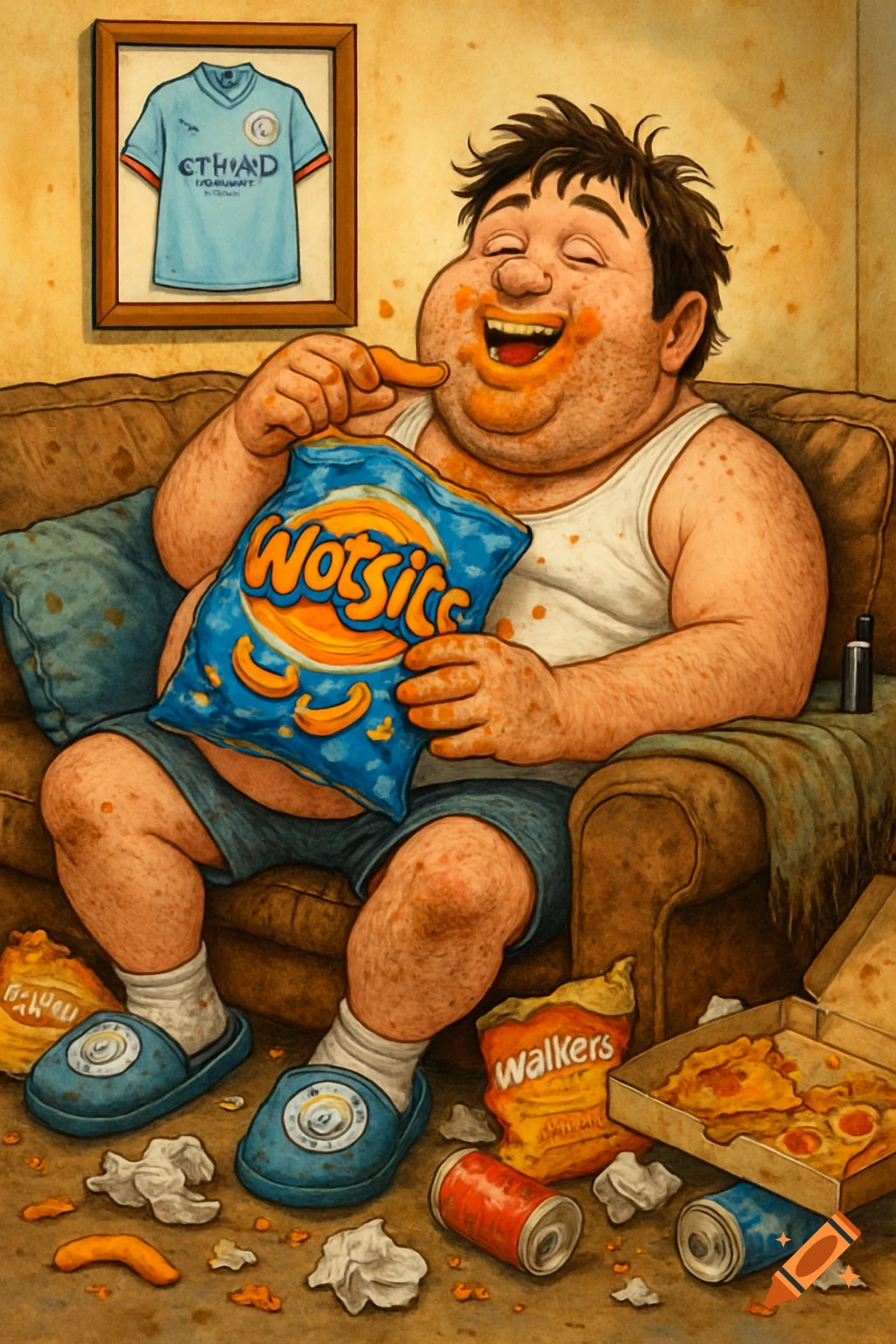Cartoon illustration of an overweight man on a dirty sofa, eating chips, surrounded by junk food, with a football shirt on the wall.