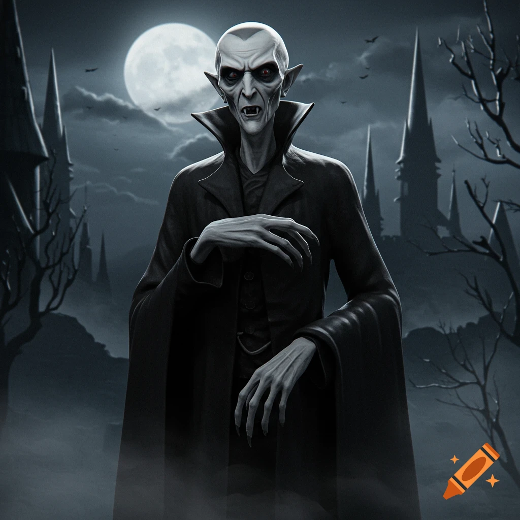 A gaunt, bald vampire with red eyes and fangs, wearing a dark coat, stands under a full moon in a gothic landscape.