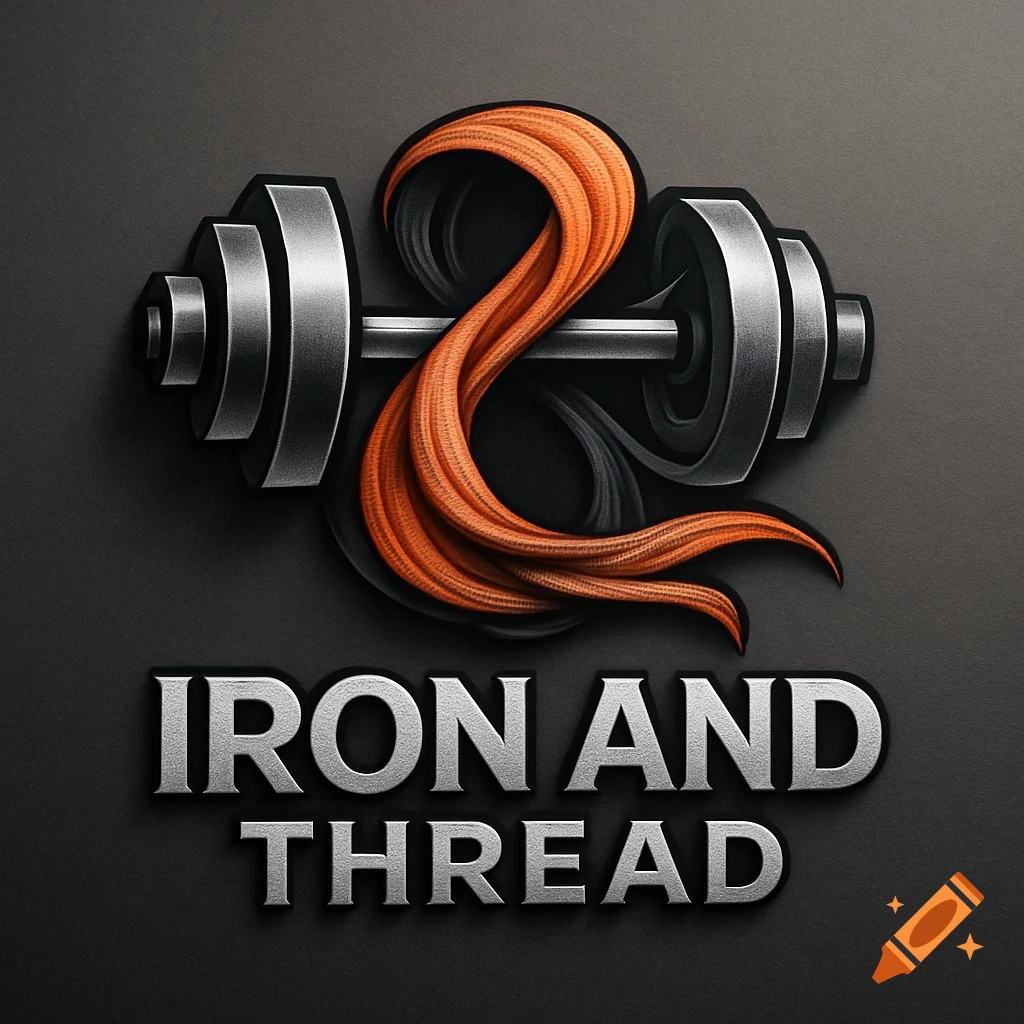 A fitness logo featuring a metallic dumbbell and an orange thread forming a stylized 'S' shape, with 'IRON AND THREAD' text.