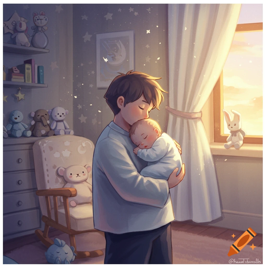 A father gently holds a sleeping baby in a cozy nursery, bathed in warm sunset light, illustrated in a cute style.