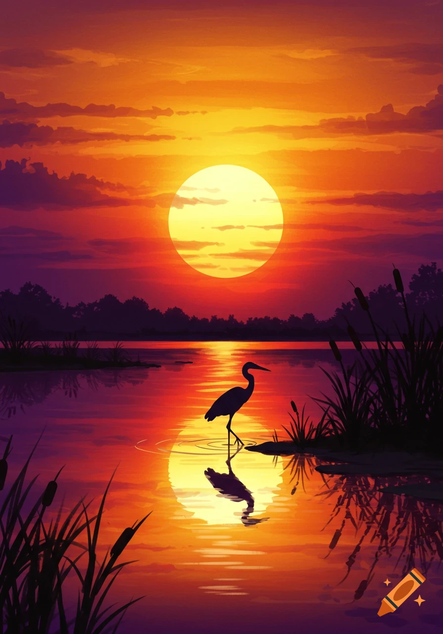 Silhouette of a heron in a tranquil marsh at sunset, with a large golden sun and vibrant orange and purple sky reflecting in the water, in an artistic style.