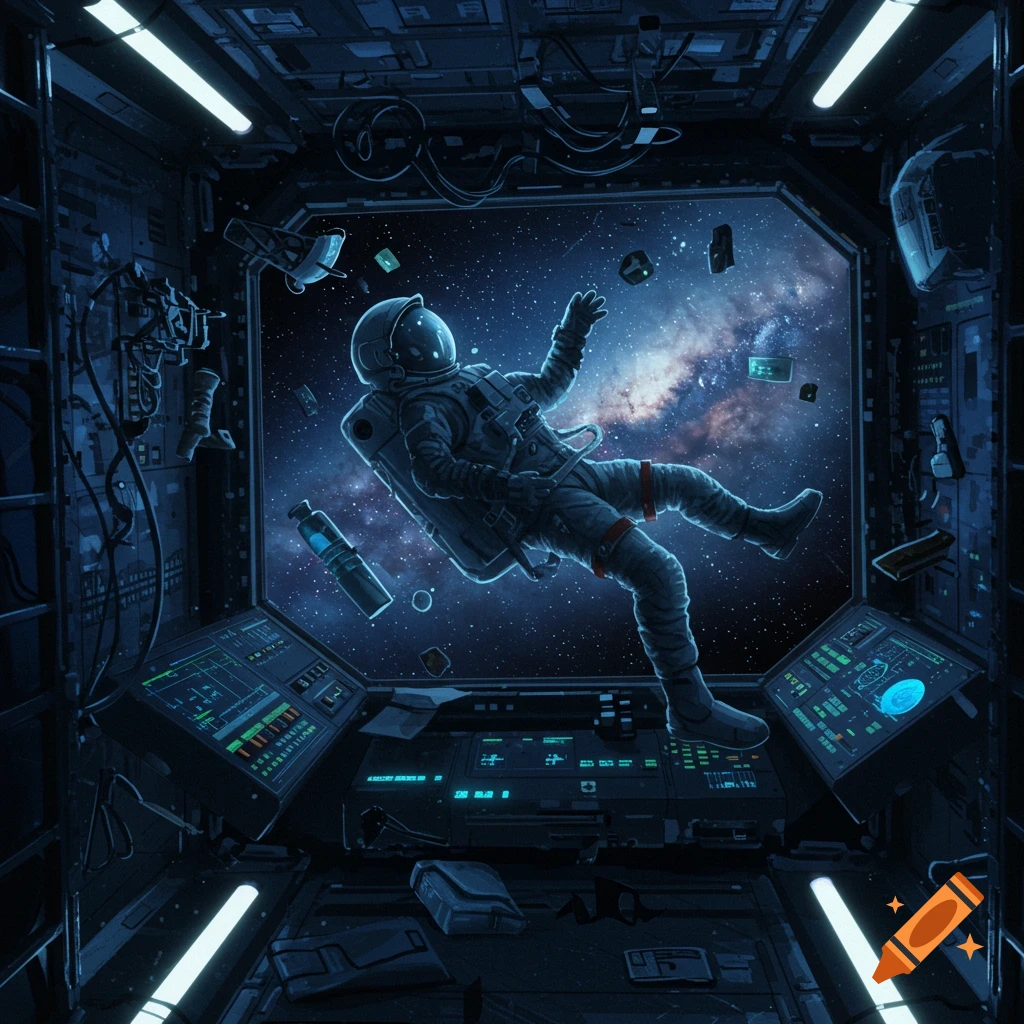 An astronaut floats inside a space station module, looking out a large window at a starry galaxy. Control panels glow with blue light.