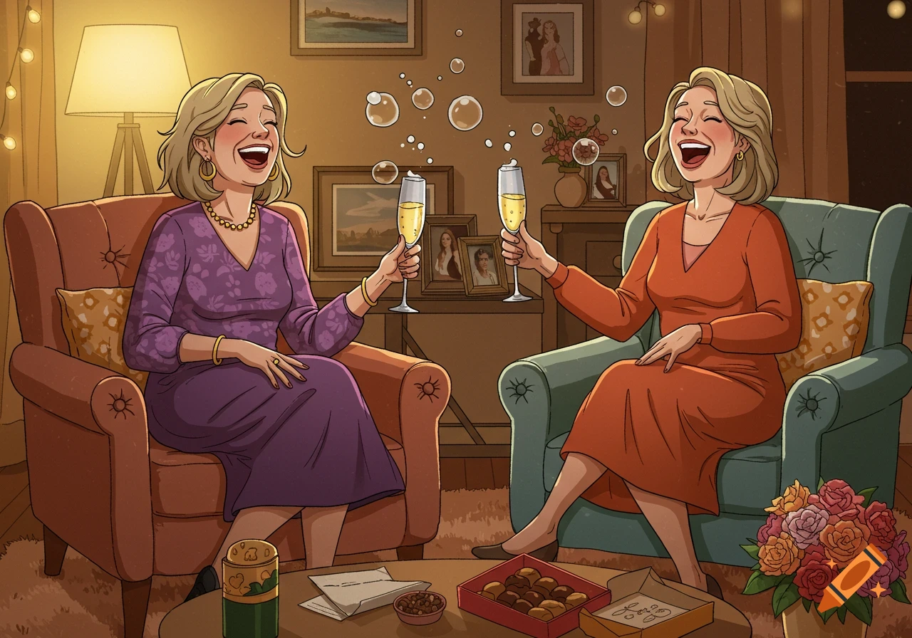 Cartoon illustration of two middle-aged women laughing joyfully, toasting with champagne glasses in a cozy living room.