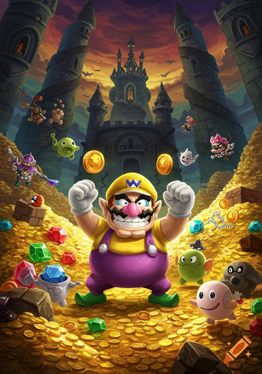 Wario triumphs on a gold coin mountain with gems and creatures. A dark castle under an orange sky in the background. Stylized art.