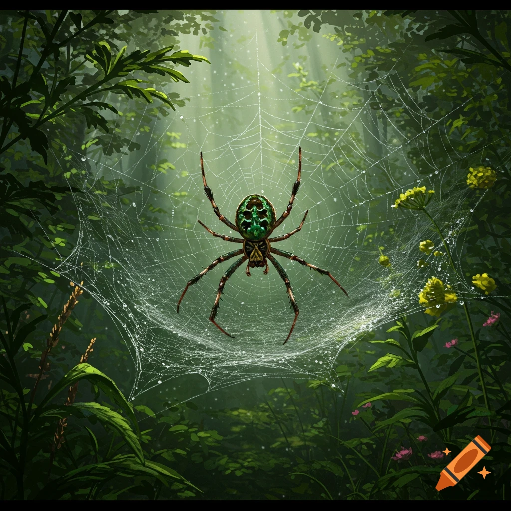 A detailed illustration of a vibrant green and black spider on a dew-covered web in a sun-dappled forest.