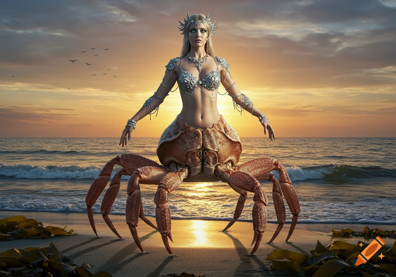 A majestic photorealistic crab-woman stands on a sandy beach at sunset, with the ocean and flying birds in the background.
