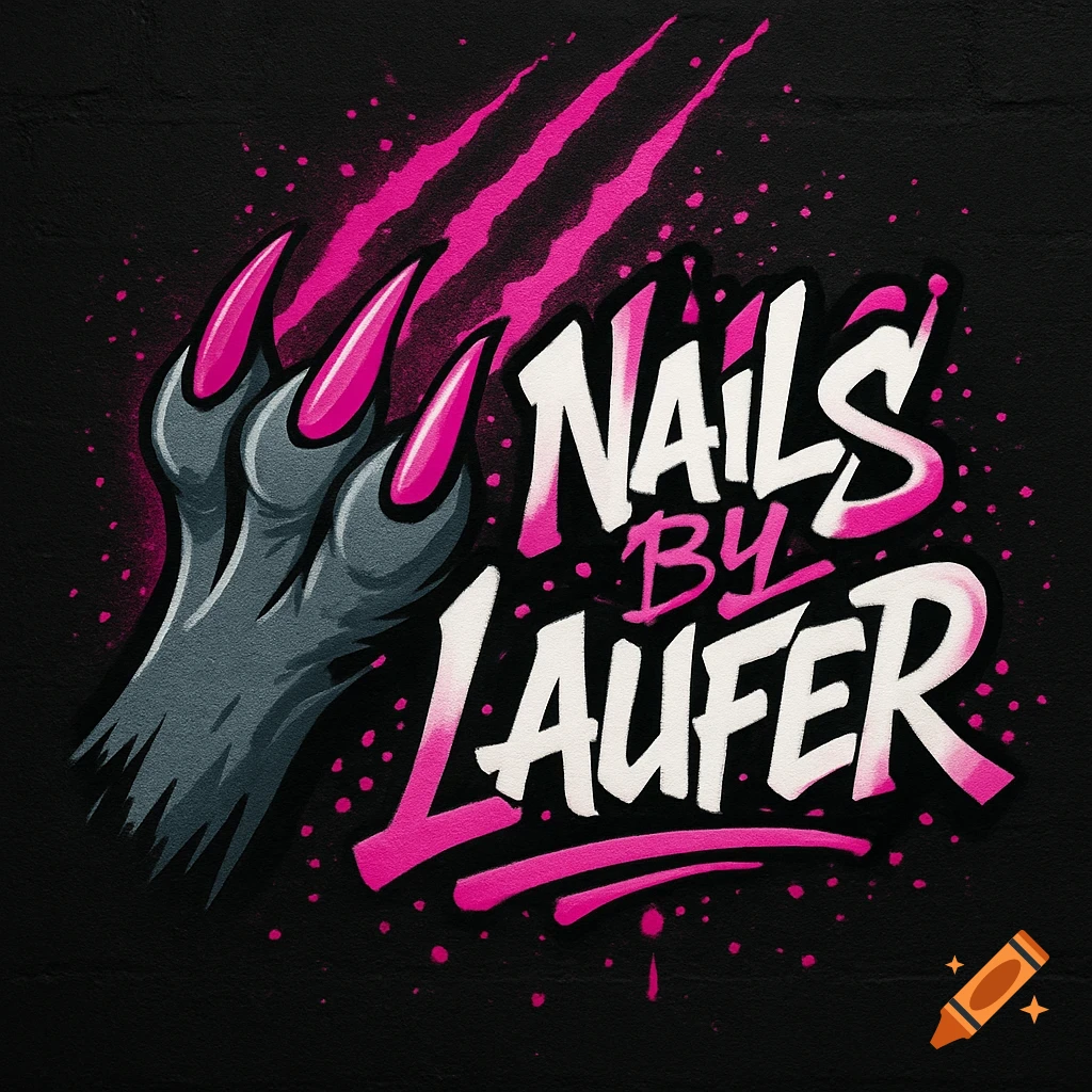 Graffiti logo for 'Nails By Laufer' with a stylized grey paw, pink nails, and pink claw marks on a black background.