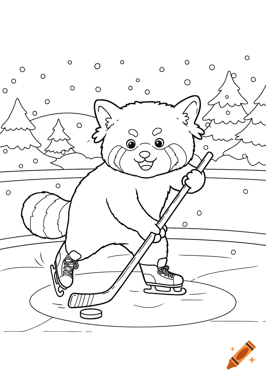 Coloring book line art of a red panda in ice skates playing hockey, hitting a puck on ice with snowy trees.