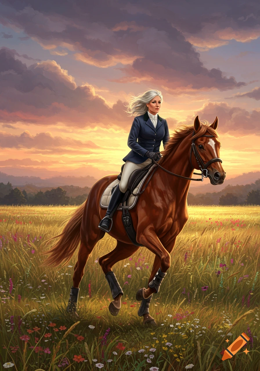 A woman with flowing white hair rides a brown horse through a sunlit field with colorful flowers at sunset, in a detailed illustration.