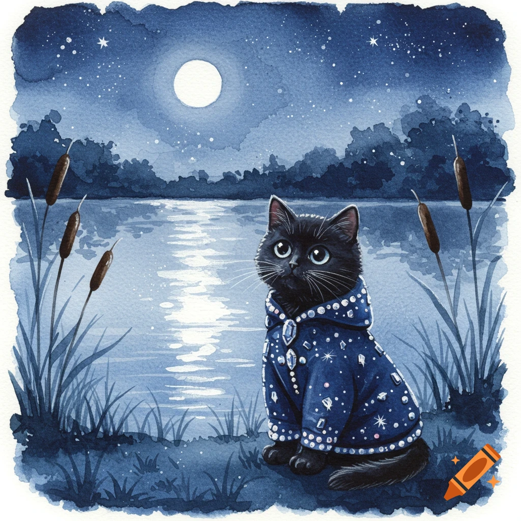 Watercolor painting of a black cat in a jeweled blue hoodie sitting by a moonlit lake at night.
