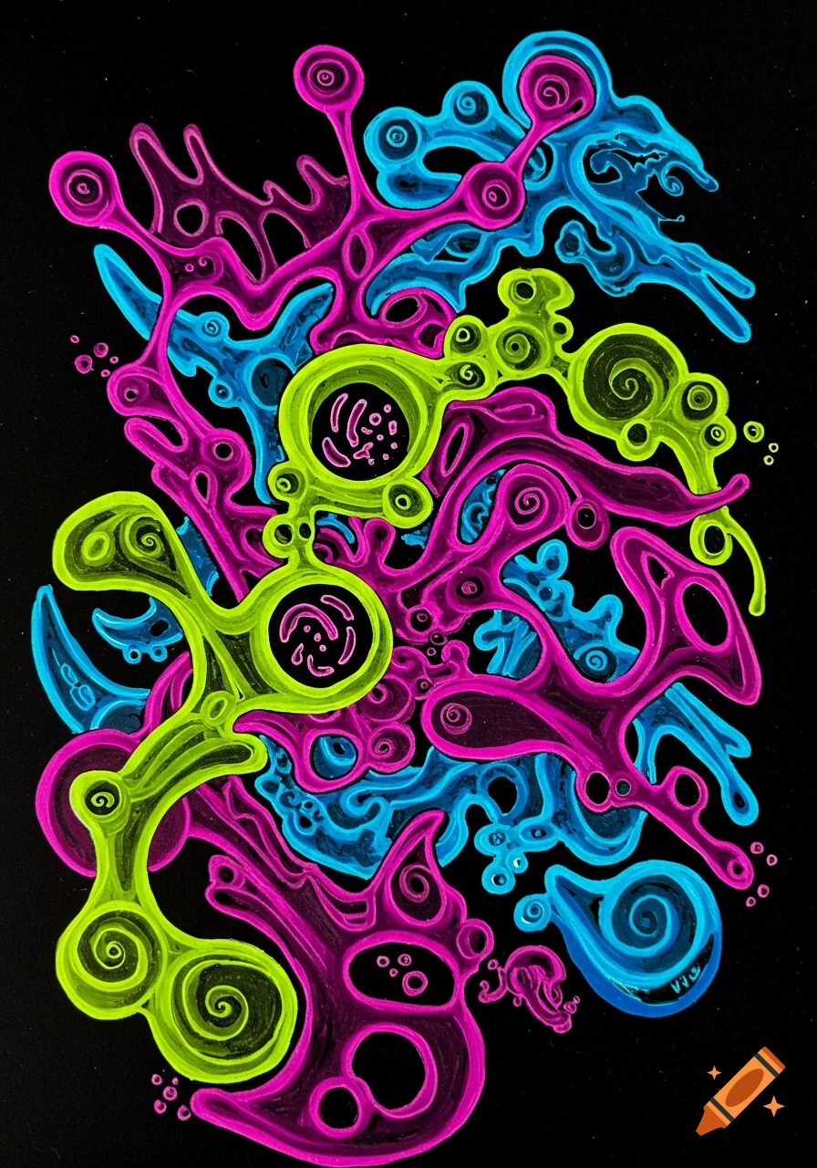 Vibrant abstract art with glowing organic shapes in neon pink, lime green, and blue against a black background.