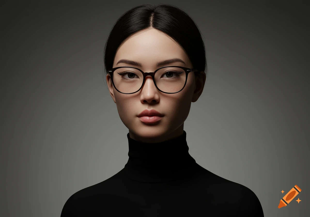 Photorealistic portrait of an Asian woman wearing glasses and a black turtleneck against a gray background.