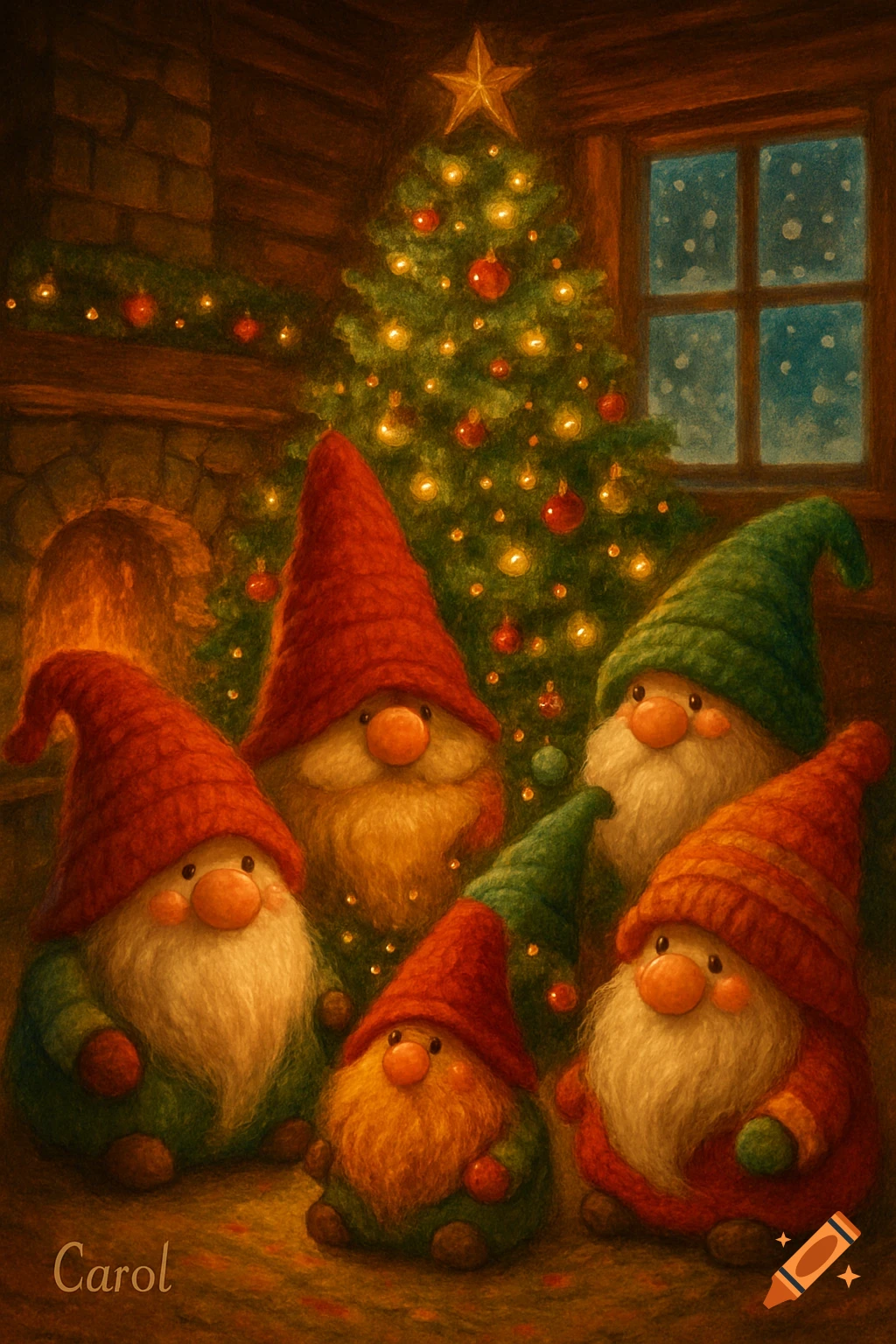 Several gnomes with red and green hats gather around a festive Christmas tree in a cozy, painterly illustration, with "Carol" written in the corner.