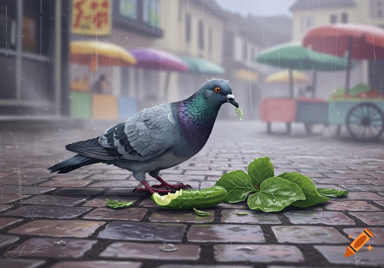 A photorealistic pigeon pecks at a bitten pickle on a wet cobblestone street, rain falling, with blurry market stalls in the background.