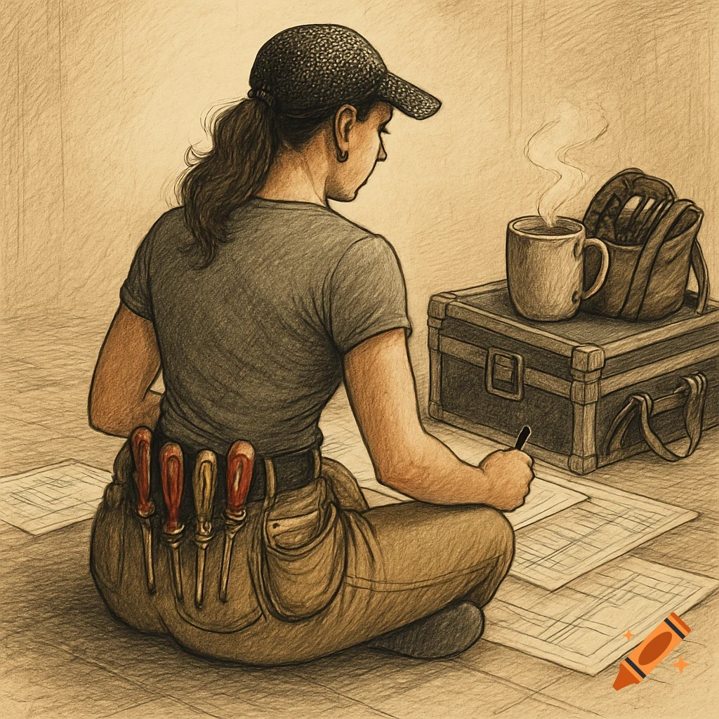 A pencil sketch of a woman from behind, sitting cross-legged, wearing a cap and work clothes with tools in her belt, writing on papers on the floor next to a toolbox and coffee.