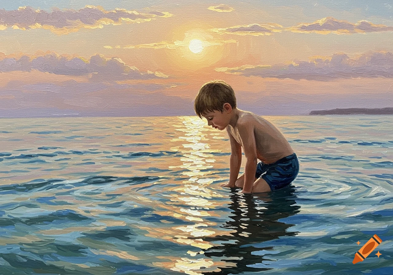 Oil painting of a boy kneeling in calm water at sunset, looking at his reflection.