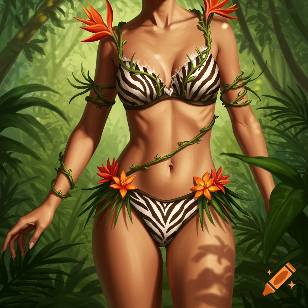 Illustrated woman in a zebra-print bikini with vines and jungle flowers, standing in a lush green jungle.