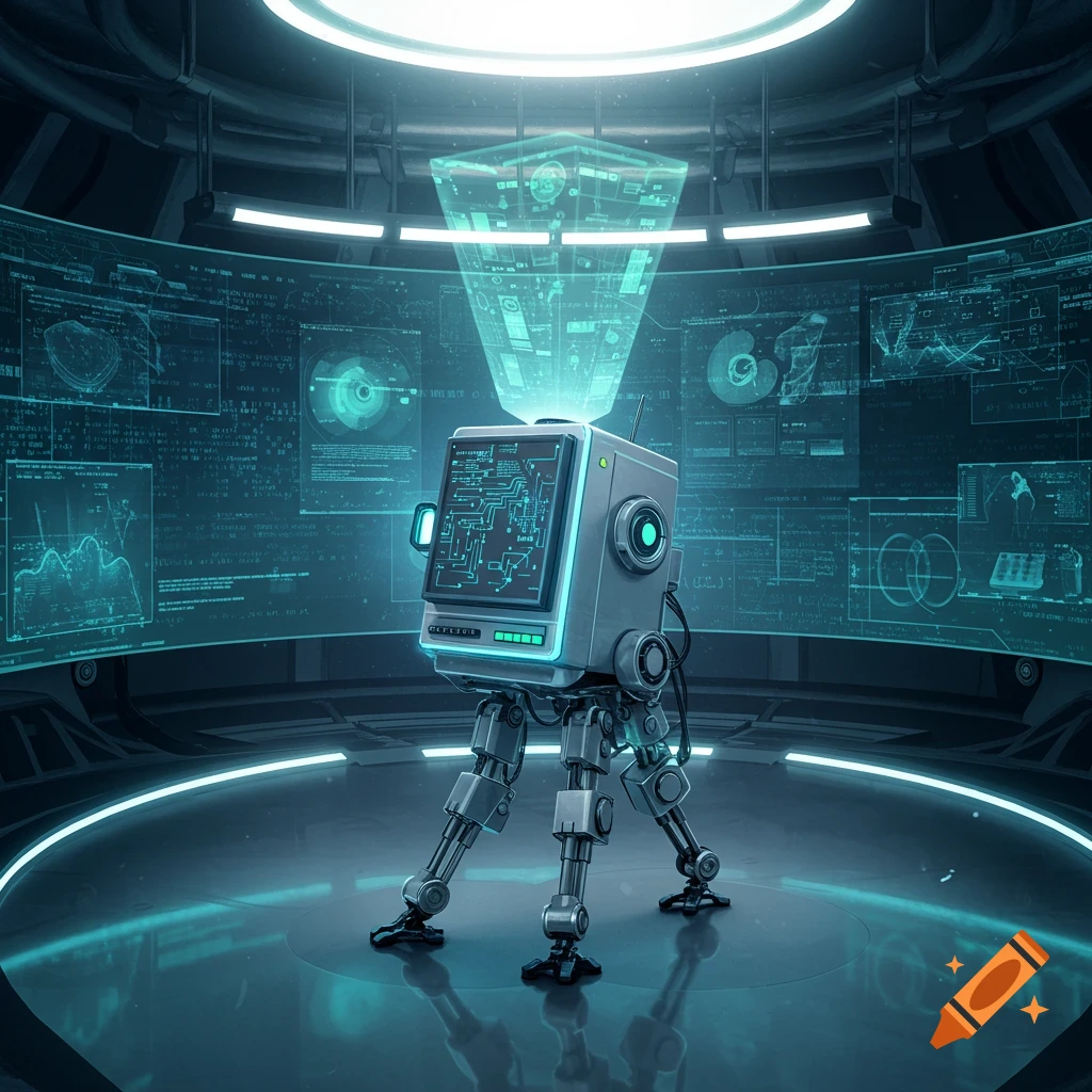 A futuristic robot with a screen torso and mechanical legs stands in a glowing data lab, surrounded by holographic displays.