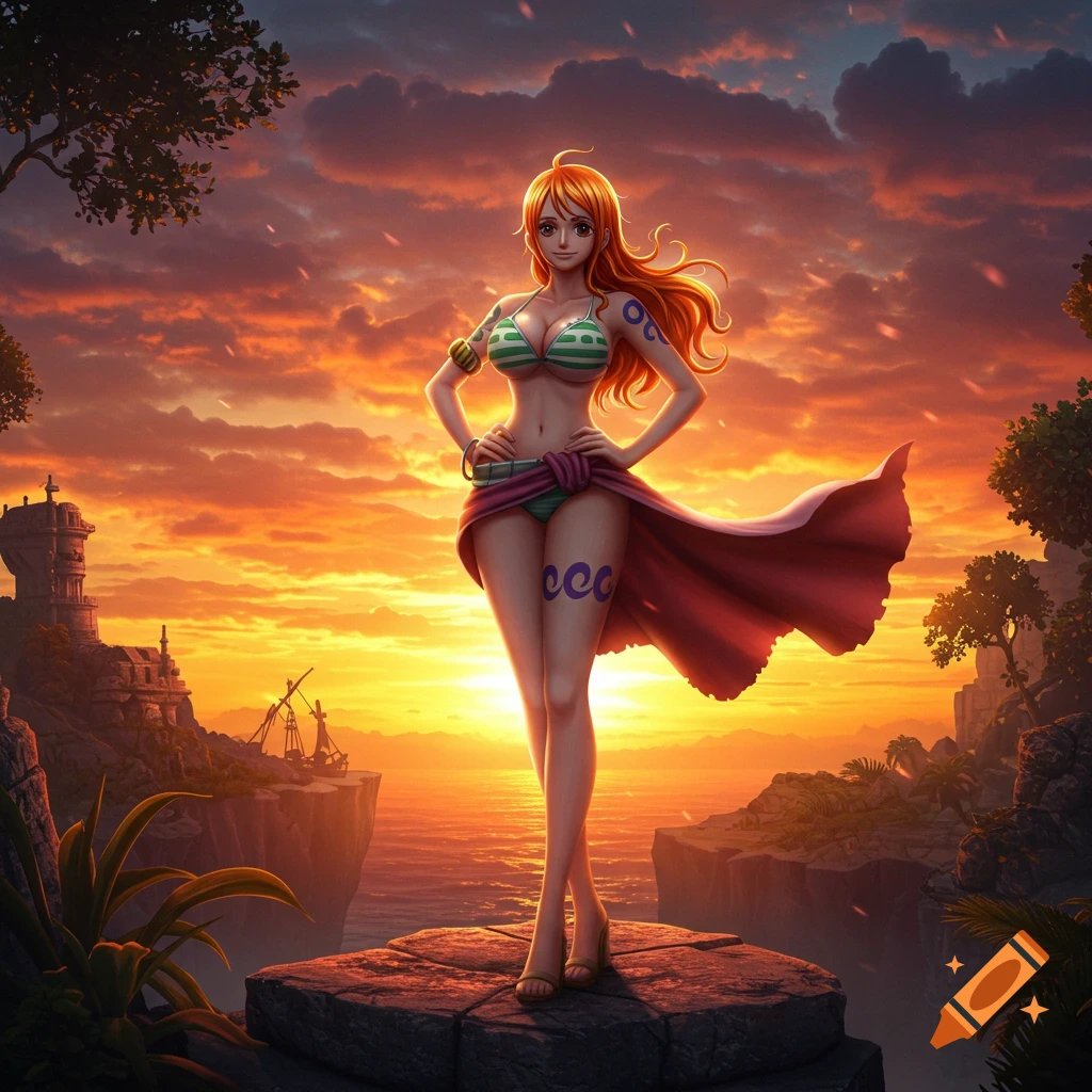 Anime character Nami in a bikini stands on a rock against a vibrant orange and purple sunset over the ocean.