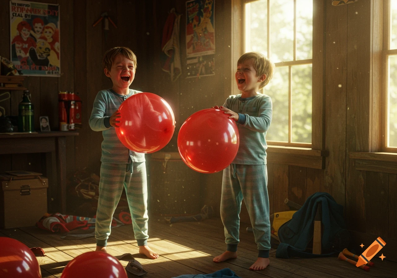 Two young boys in pajamas laugh while holding red balloons in a sunlit wooden room, captured in a realistic style.