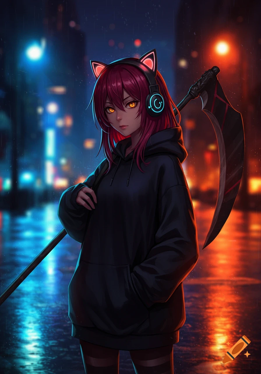Anime girl with dark red hair, orange eyes, black hoodie, cat-ear headphones, and a scythe, in a rainy urban night.