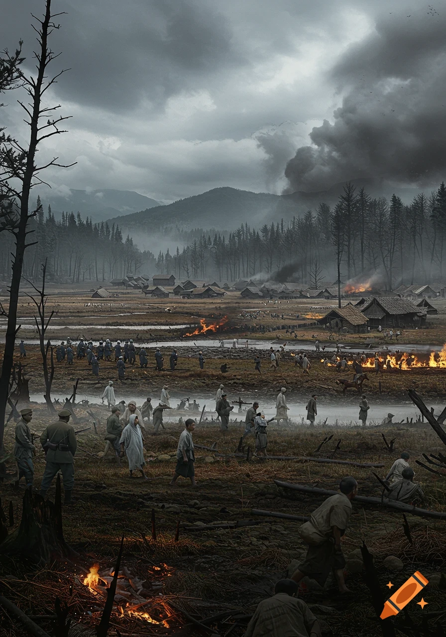 A bleak, war-torn landscape with burning villages and civilians fleeing through muddy fields under a dark, cloudy sky. Soldiers are also visible. Photorealistic style.