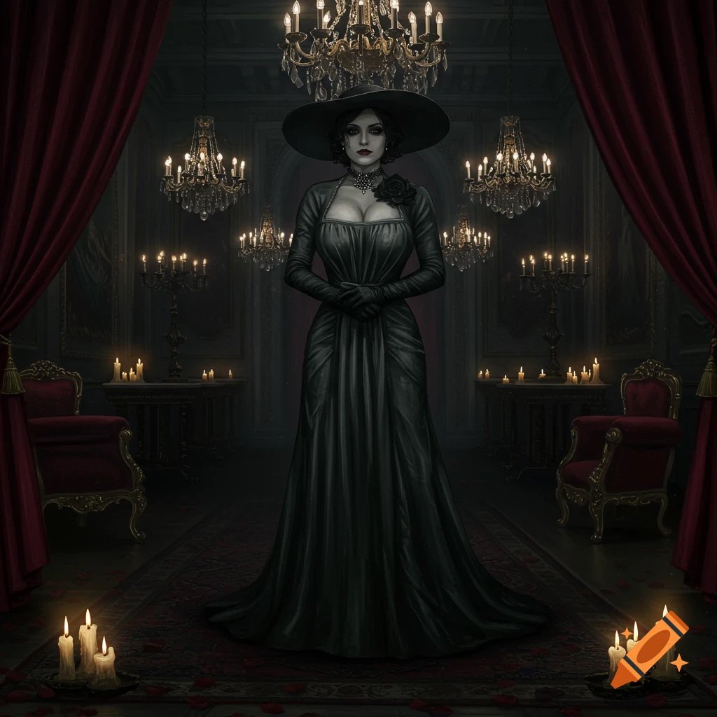A pale woman in a black dress and wide-brimmed hat stands in a dimly lit, ornate gothic mansion room with chandeliers and candles.