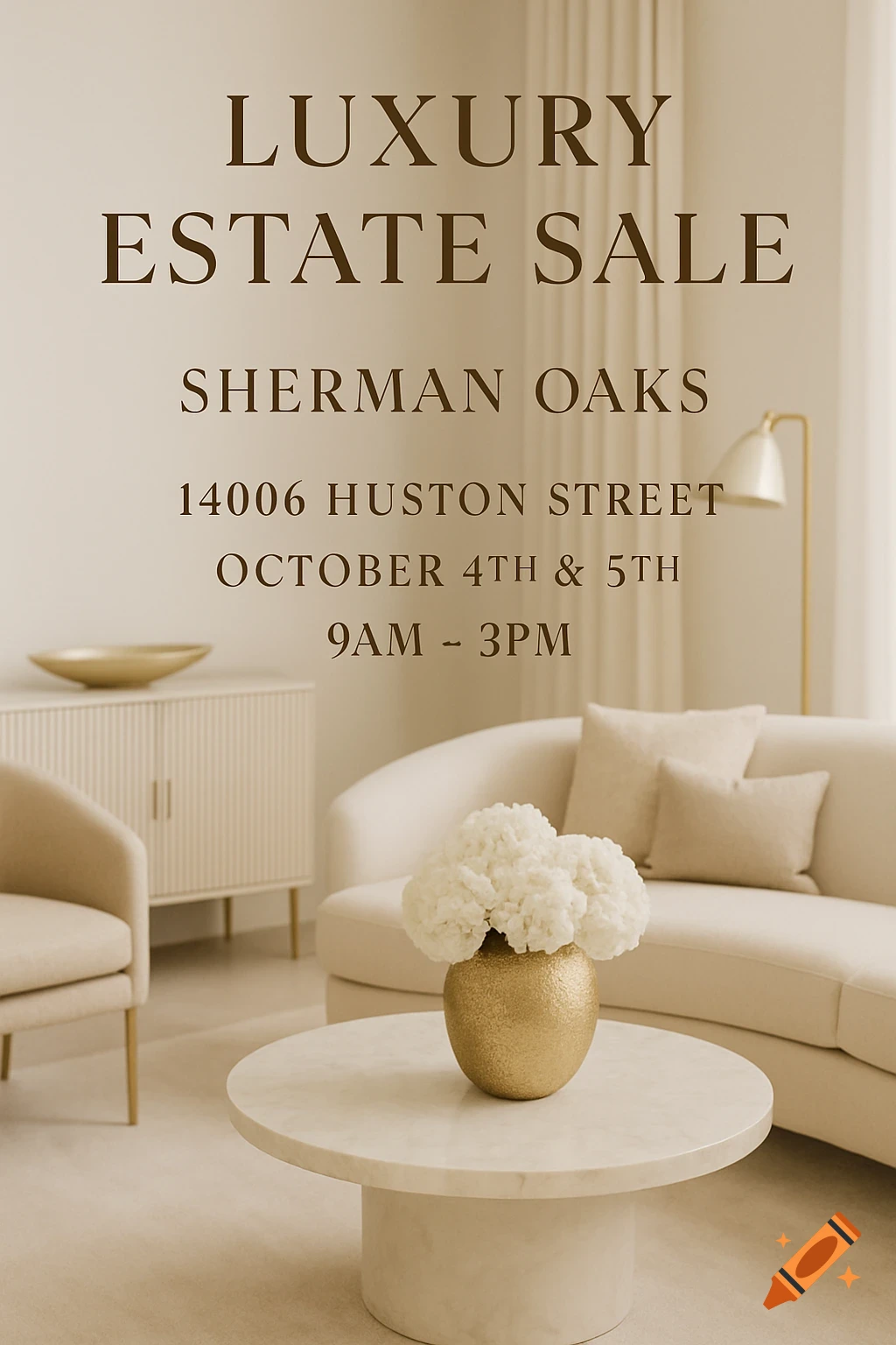 Luxury estate sale flyer with elegant text overlay on a background of cream-colored modern living room furniture.