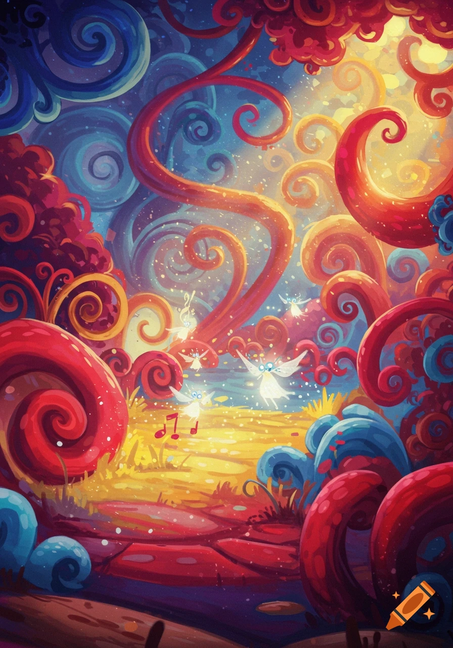 Whimsical, colorful abstract landscape with red and blue swirling plants, a golden path, and glowing white fairy-like creatures with musical notes floating around them.