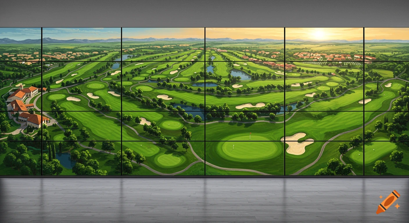 Vibrant illustrated golf course with buildings and mountains, viewed from a bird's-eye perspective on a multi-panel display.