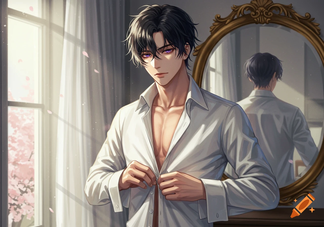 Anime man with dark hair and purple eyes unbuttoning a white shirt, reflecting in a mirror.