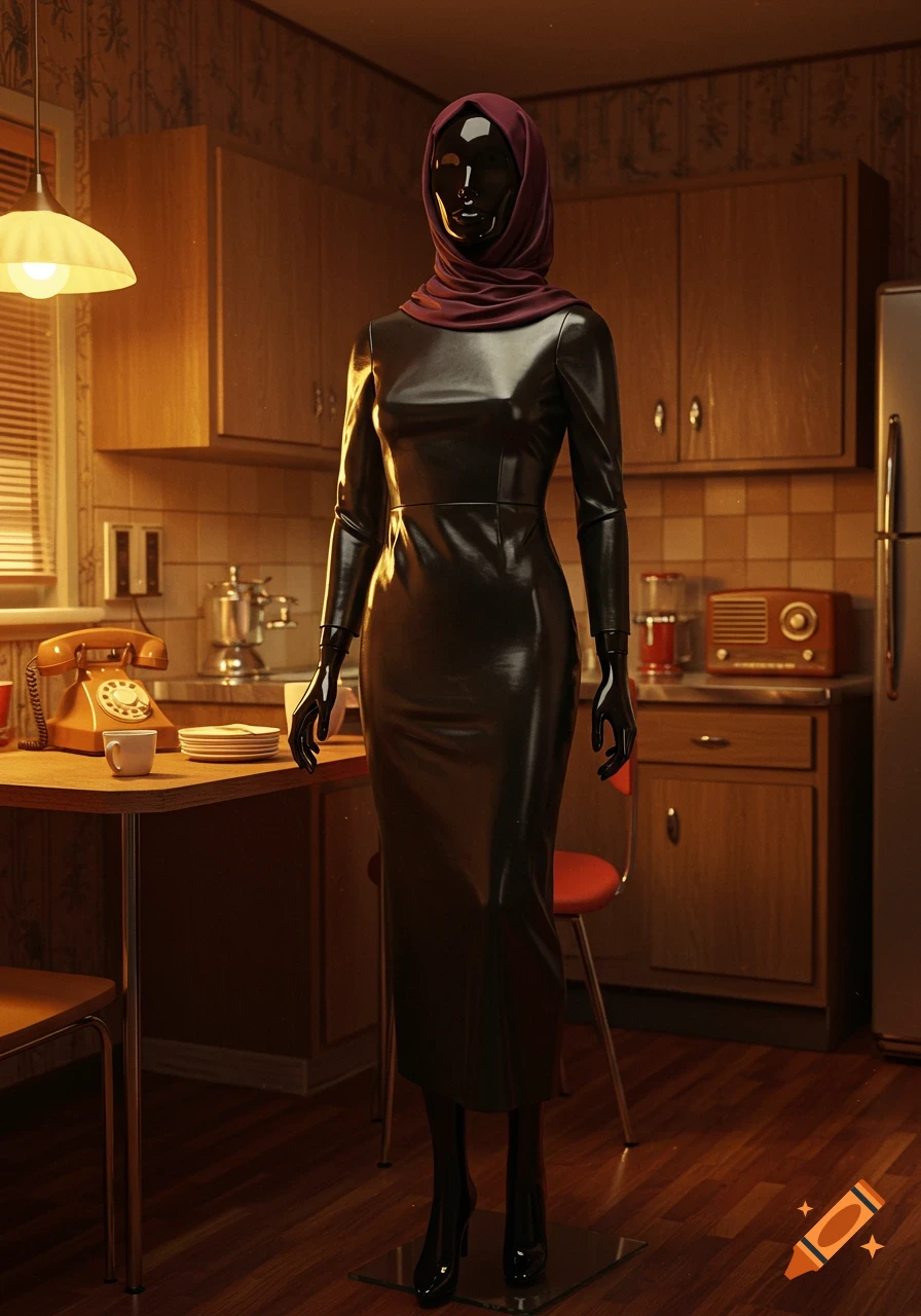 A black mannequin in a tight black leather dress and burgundy hijab stands in a dimly lit 1950s kitchen with retro appliances.