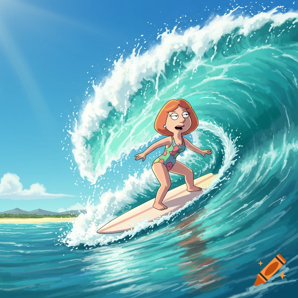 Lois Griffin from Family Guy surfing a large blue wave on a sunny day.