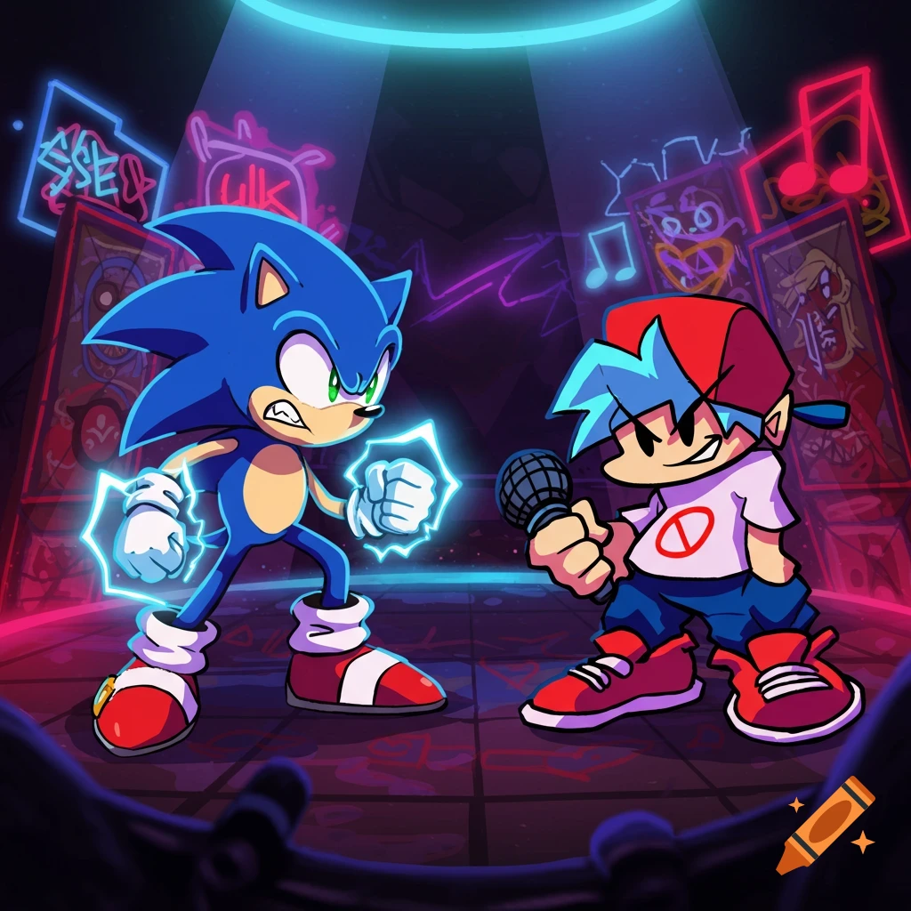 Blue hedgehog Sonic and Boyfriend from FNF face off on a neon-lit stage with music notes and speakers, in a vibrant cartoon style.