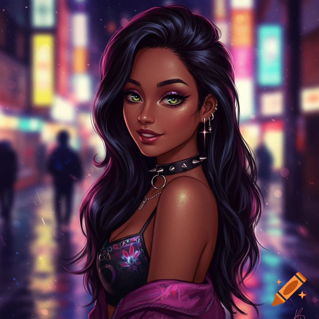 An anime-style portrait of a dark-skinned woman with long black hair, green eyes, and a spiked choker, against a blurred neon city night background.