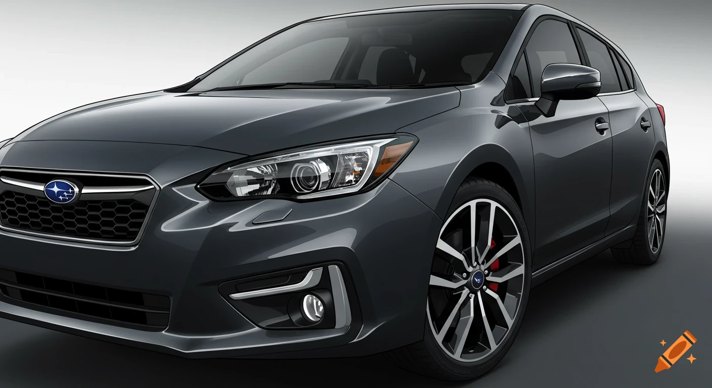 Close-up of a dark gray 2019 Subaru Impreza hatchback, viewed from the front-left, with a clean background.