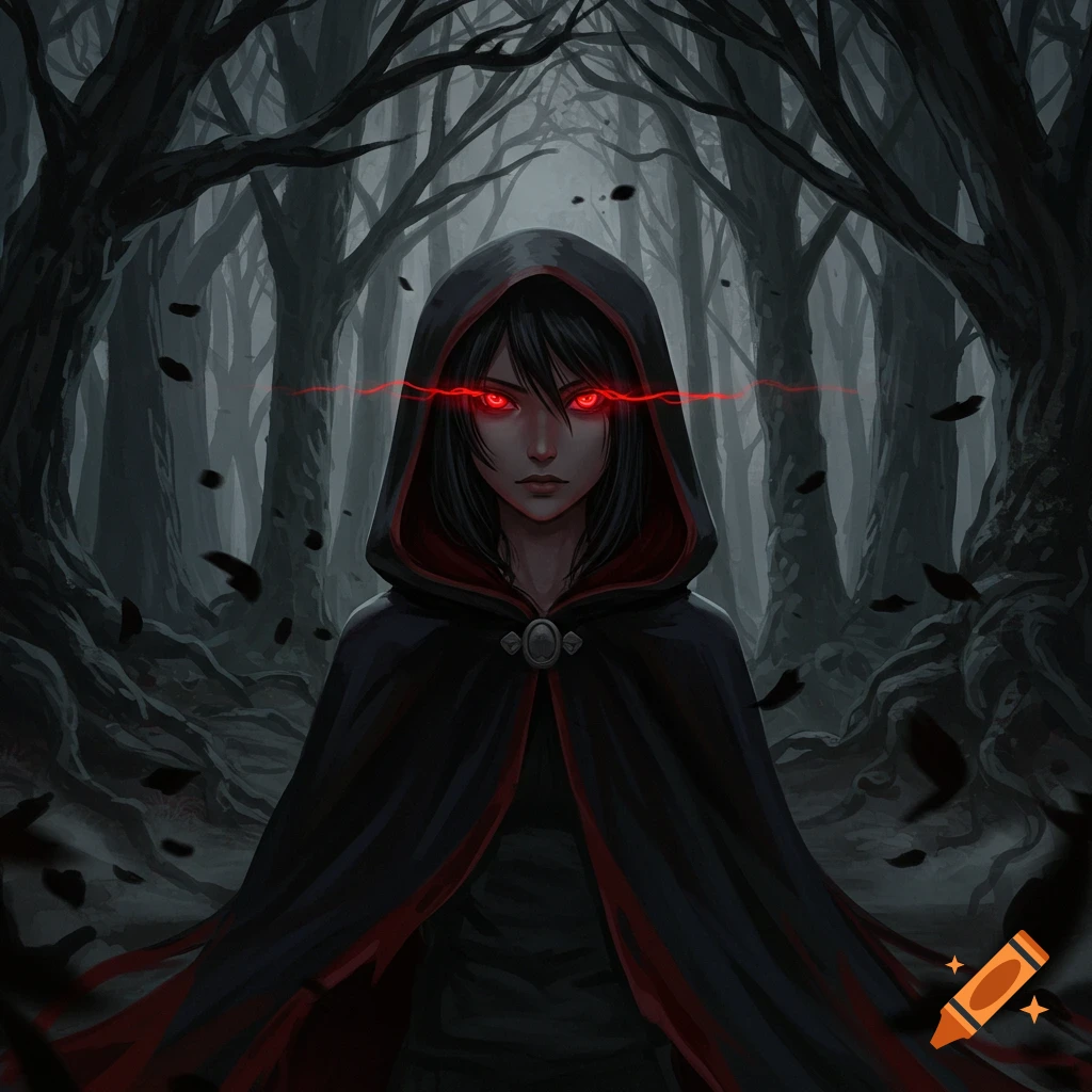 An edgy anime girl in a black hooded cloak with glowing red eyes stands in a dark, desolate forest.
