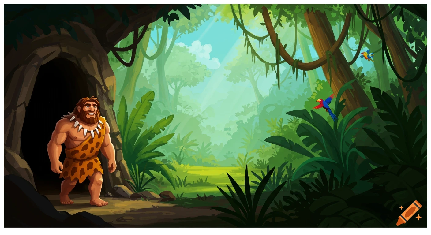 A comic-style caveman emerges from a dark cave into a vibrant jungle with trees, vines, and two flying parrots.