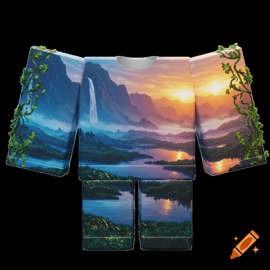 Roblox shirt template featuring a vibrant landscape with mountains, a waterfall, lakes, and a glowing sunset.
