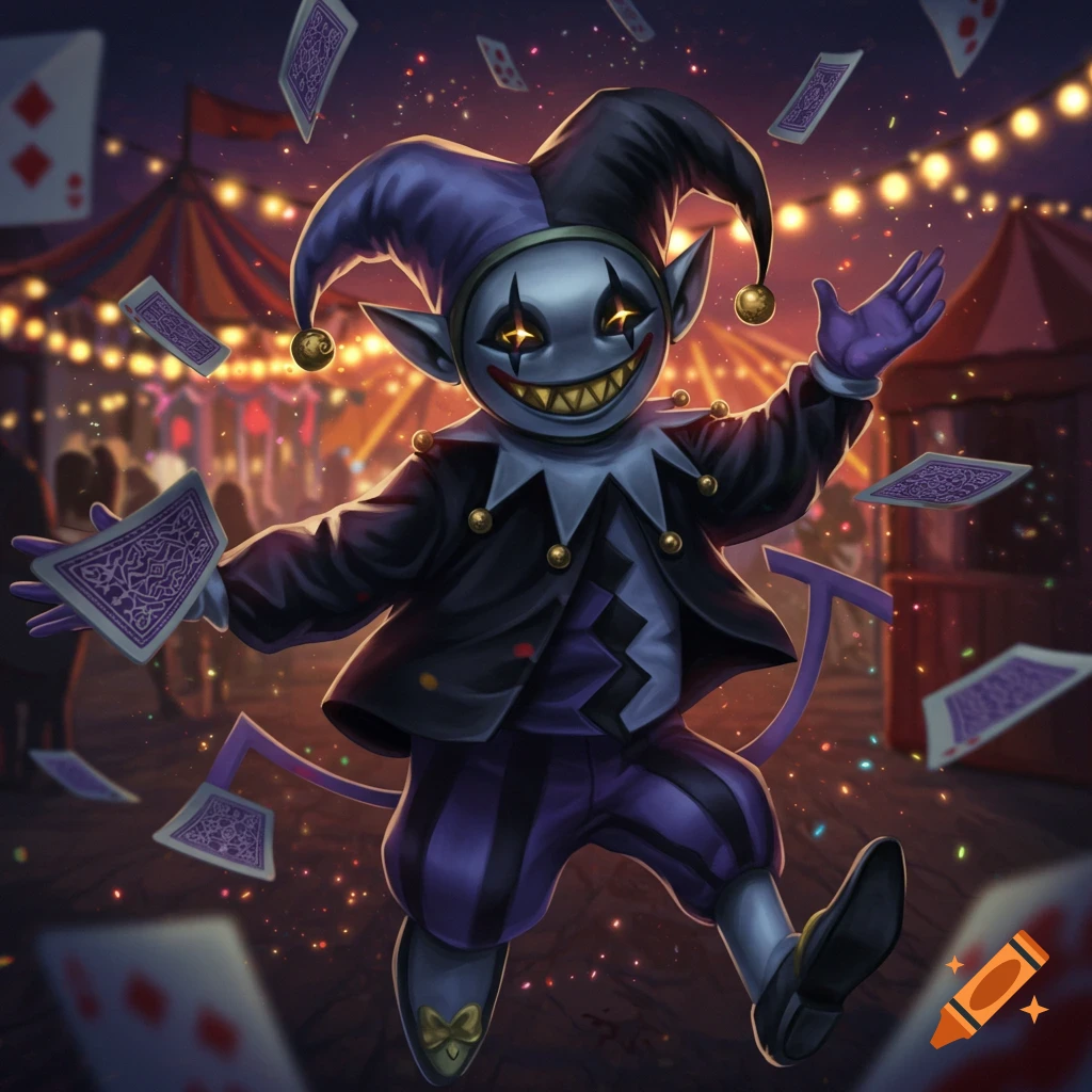 A grinning jester character in purple and black, with glowing eyes and a horned hat, tosses playing cards at a vibrant carnival.