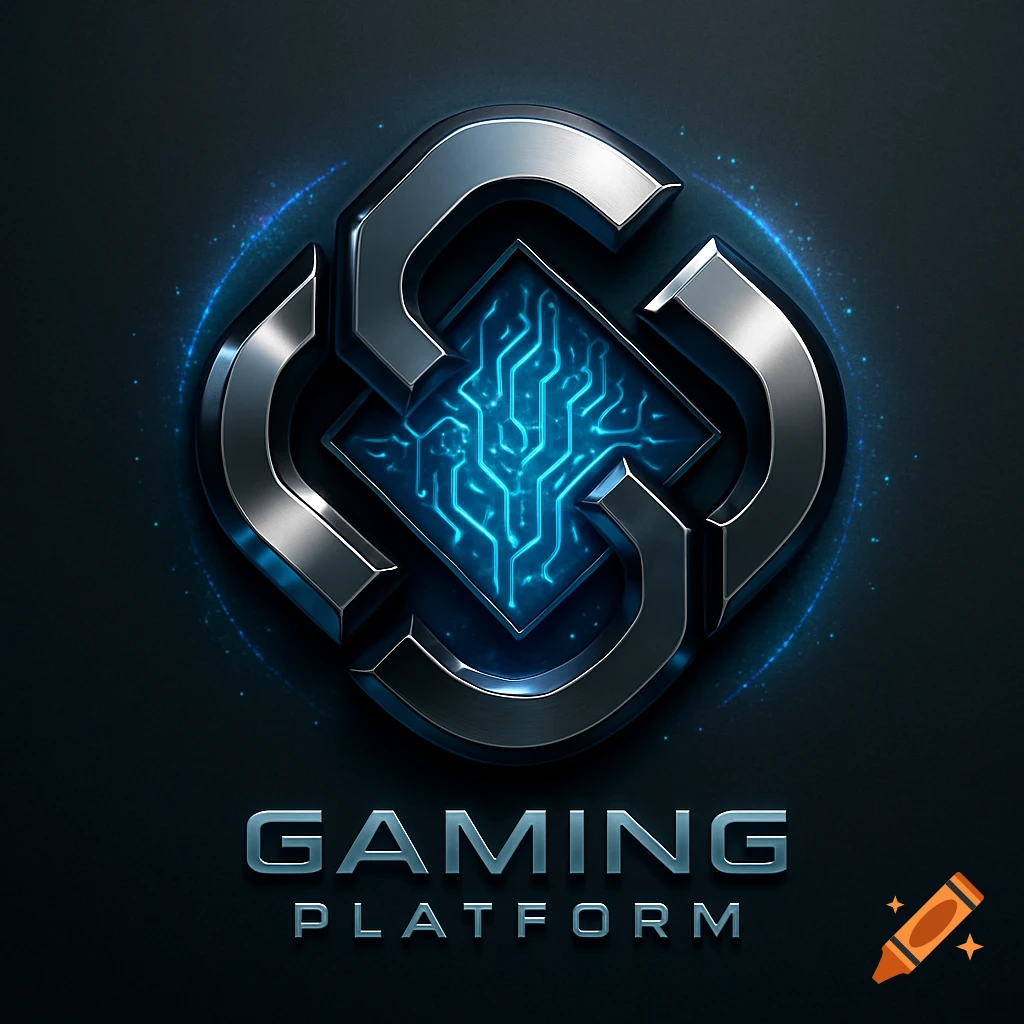 A metallic silver and blue glowing logo for a gaming platform with circuit board design in the center, text says GAMING PLATFORM.