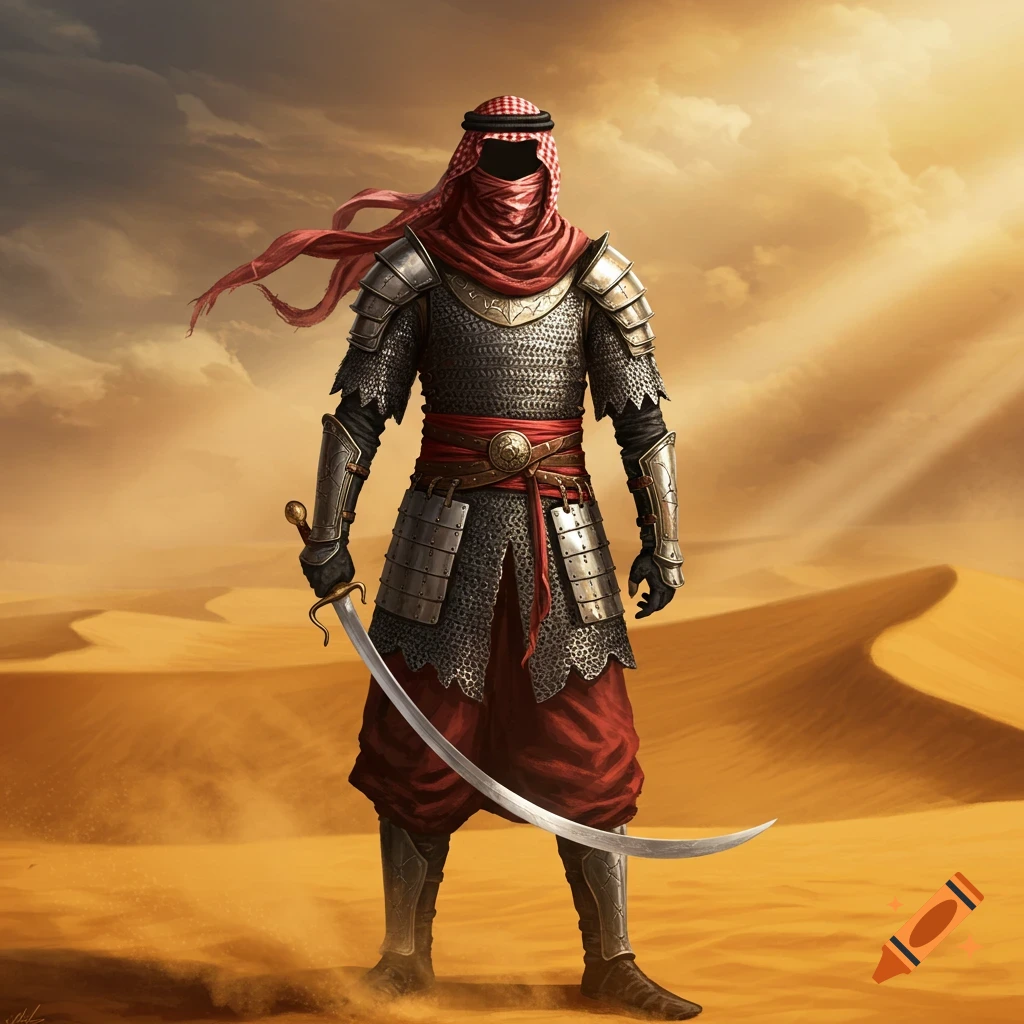 A faceless warrior in elaborate metal armor and red clothing holds a scimitar in a vast desert.