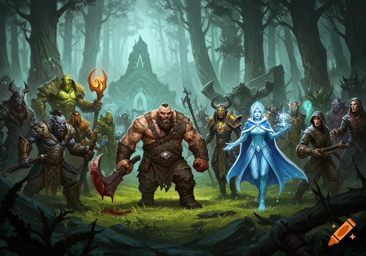 A diverse group of fantasy heroes, including a warrior and an ice maiden, stand in a mystical, dark forest with ancient ruins.