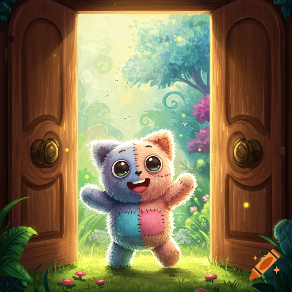 A cute, colorful patched stuffed animal stands in an open wooden doorway, looking at a bright, whimsical forest.